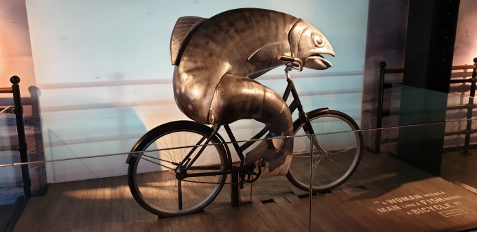 A fish riding a bicycle at The Guinness Storehouse, Dublin