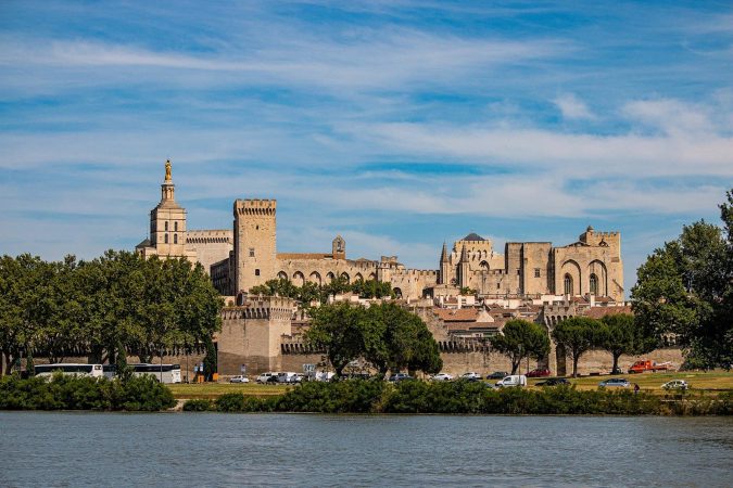 Looking across the river to the walled old City of Avignon