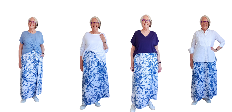 4 images of a woman wearing a floral skirt with 4 different tops as part of her spring capsule wardrobe for 2022